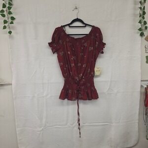 NWT Perch by Blu‎ Pepper Burgundy Floral Smocked Lace Up Peasant Top 2XL